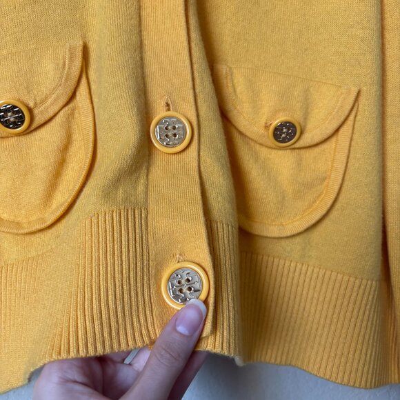 Tory Burch XL Cotton Cashmere Blend Canary Yellow Logo Button Cardigan Sweater - Picture 6 of 10